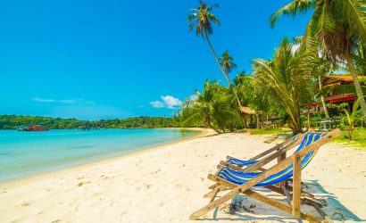 Two beach chairs on a sandy beach with palm trees.